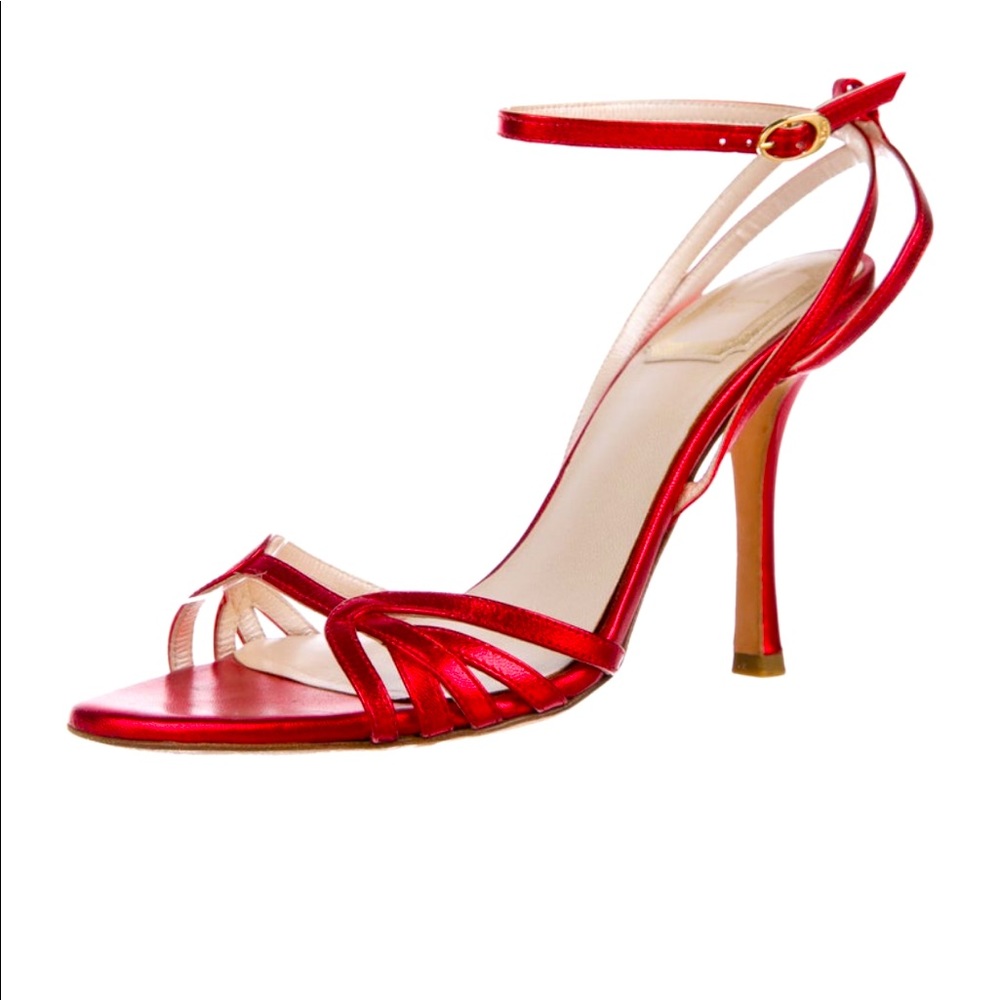 Authentic Dior red metallic leather sandal heels
